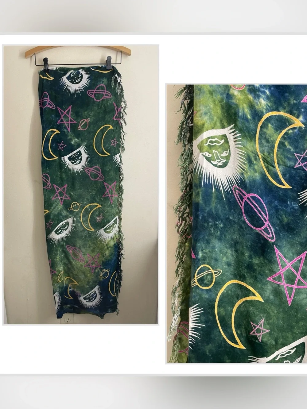 Celestial Sun Moon Stars Tie Dye Sarong Wrap Scarf Green Fringe 60x48
